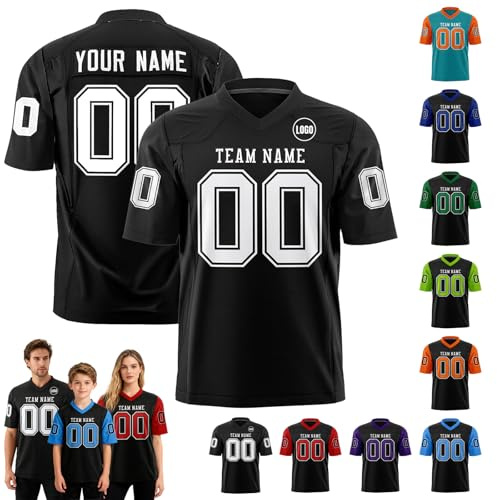 Personalised American Rugby Jersey, Customised Football Jersey with Logo Name Number Team Name for Men Women Kids Active Tops (Black)