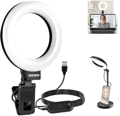 NEEWER Basics 5 Aro Foco Luz LED Escritorio con Soporte, Monitor Clamp, 10W Compatible con iPhone Ordenador Portátil Webcam Phone para Selfies Maquillaje Grabación Vídeo Zoom Iluminación, BR60 Negro