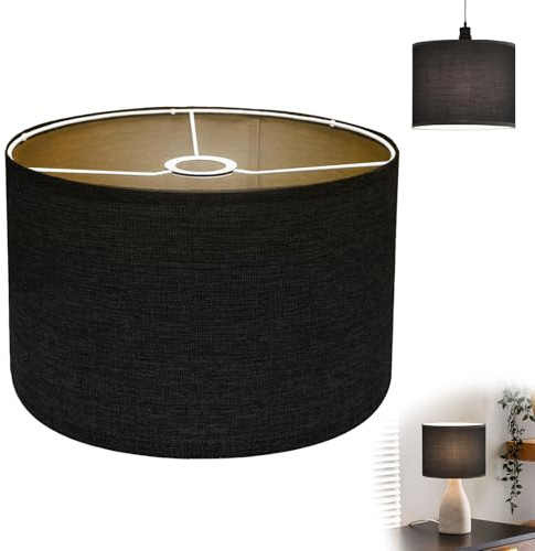 Abat-jour en tissu lin, lampe de sol cylindrique, faite à la main pour suspension, table, lampe murale, lampe de chevet, lampadaire, diamètre 30 cm x hauteur 20 cm (noir)