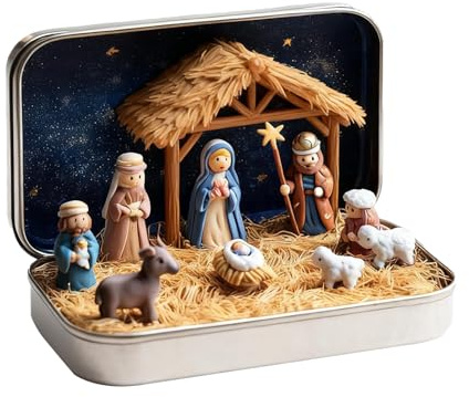 Mini crèche de Noël dans une boîte en fer blanc, ensemble de crèche de Noël, ornement de poche portable pour la naissance de Jésus, figurines religieuses, décoration de bureau de la Sainte