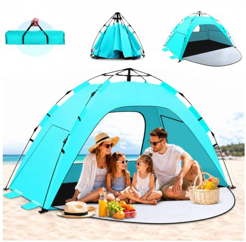 WARMTUYO Tienda de Playa Pop Up | Tienda Playa Instantánea en 3 Segundos para 3-4 Personas, Protección UV50+, Resistente al Viento, Ligera y Portátil para Playa y Camping