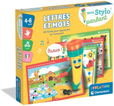 Clementoni - Mon Stylo Parlant Lettres et Mots – 4-6 Ans – Jeu éducatif Enfant - 60 activités pour Apprendre Alphabet et vocabulaire, Stylo interactif Lumineux, Cadeau Jouet d’Apprentissage ludique