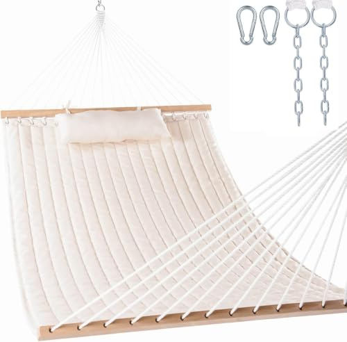 Lazy Daze Hammocks 12 FT Double Quilted Fabric Hammock with Spreader Bar and Detachable Pillow, 2 Person Hammock for Outdoor Patio Backyard Poolside, 450lbs Weight Capacity, Natural