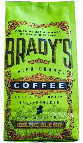 Brady’s Celtic Blend Dark Roast Ground Coffee for Cafetiere, Pour Over or Drip Filter - 100% Arabica Brazilian and Colombian Coffee Beans with Notes of Dark Chocolate, Nuts, and Caramel, 227g Bag