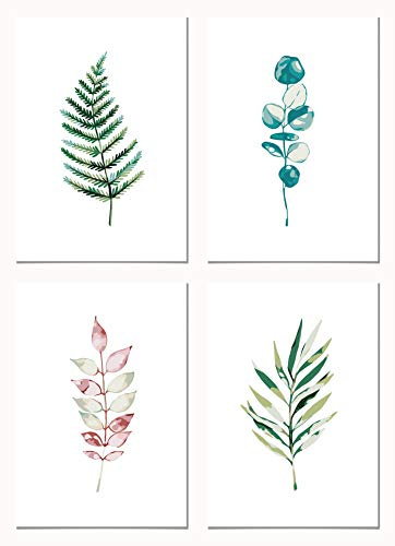 Panorama Pack de 4 Pósters Plantas Botánicas - 21x30cm - Impreso en Papel de 250gr - Láminas de Hojas Verdes - Conjunto de Pared - Cuadros Botánica
