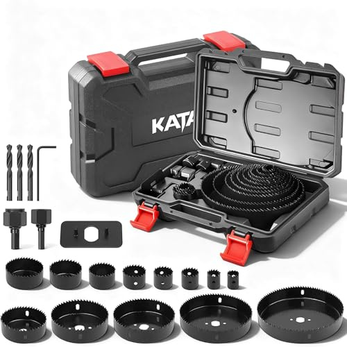 KATA Hole Saw Kit, 20PCS Hole Saw Set with 3/4-6(19-152mm) Multi-Size Saw Blades, Precision Hole Saw Drill Bit Kit with Mandrels & Solid Storage Case Cutting for Drywall, Soft Wood, PVC, Plastic