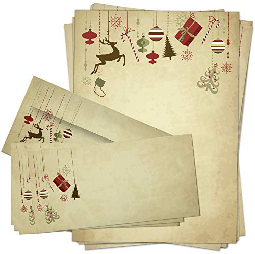 Weihnachtsbriefpapier Set - 10 x Weihnachtspapier A4 mit Umschlägen – Briefpapier Weihnachten mit Umschlag DIN lang, Vintage braun beige, Kuvert vollflächig bedruckt geschäftlich & privat