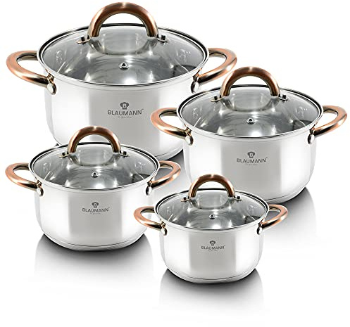 Blaumann Gourmet 8Pc Cookware Set Stainless Steel Pot Rose Gold Handle Induction