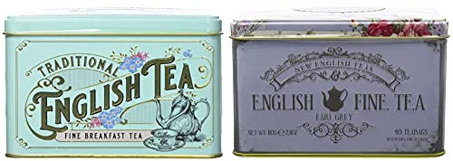 New English Teas Vintage Victorian Tea Tin with 40 English Breakfast teabags & Vintage Floral Tea Tin with 40 Earl Grey Teabags
