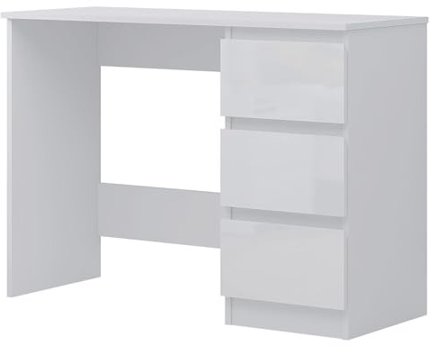 FWStyle Stora White Gloss Dressing Table Desk, Modern Makeup Vanity with 2 Deep Drawers, Home Office Workstation, Matt White Frame, Handle-Free Design, H72 x W99 x D40 cm