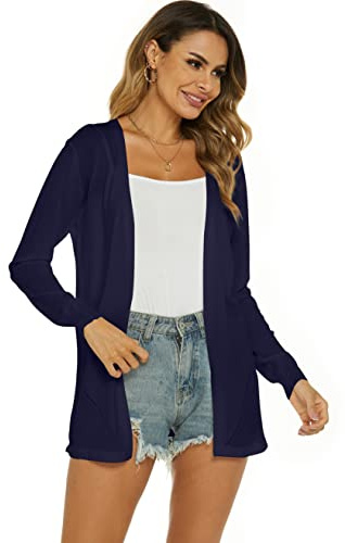 Ietaoo Cardigan Lungo Donna Elegante Manica Lunga Giacca Cardigan Casual Maglia Cappotto Leggero Aperto Davanti Cardigan per Estivo Primavera Blu Navy L