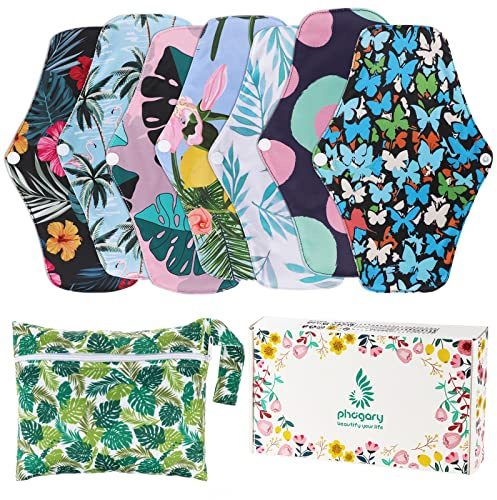 PHOGARY Reusable Menstrual Pads for Heavy Flow with Wet Bag, Sanitary Pads Set with Wings for Women, Washable Overnight Cloth Panty Liners (7 in 1, Style F)
