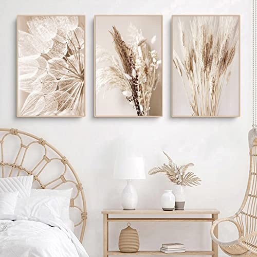 Beige Wandbilder 3er Poster Set Moderne Wandbilder Boho Pampasgras Bild Wohnzimmer Poster Natur Vintage Leinwandbilder Wandposter Ohne Rahmen (Stil A,50x70 cm)