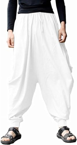 AITFINEISM Herrbyxor Med Dragsko Lässige Hippie Harem Byxor Löst Drop Crotch Byxor (M,Vit 012)