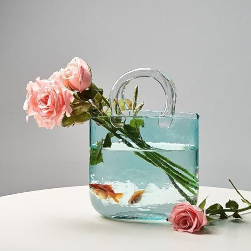Blanketswarm Tütenvase aus Glas für Blumen, Mundgeblasene Klare Vase mit Blasen Darin, Tütenglasvase mit Griffen, Niedliche Blumenvasen aus Klarem Glas für Blumenarrangements, Tafelaufsatz(Blau)