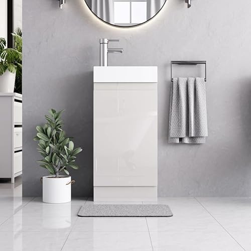 BELOFAY Denvor White 400mm Floor Standing Bathroom Vanity Unit With Basin - Laquered Cloakroom Vanity Unit with 1 Tap Hole Ceramic Basin and Soft Close Hinges with WASTE INCLUDED