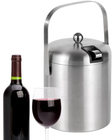 Tina de bebidas – Caja de hielo de acero inoxidable, depósito congelado portátil, cubo de hielo de doble capa | Cubo de champán de 5.5 x 7.7 pulgadas, 1.3 L con tapa, enfriador de bebidas de cerveza