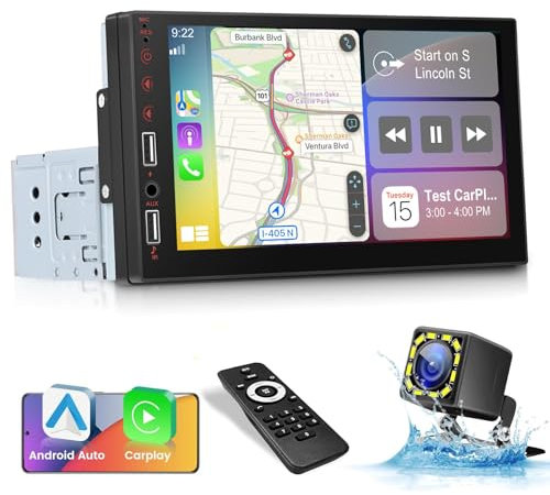 NHOPEEW Radio Pantalla 1 DIN con Inalámbrico Carplay y Android Auto - 7 Pulgadas Radio Soporte Mirror Link FM Steer Wheel Control - TF/USB/AUX Input Car Multimedia Player + Backup Camera
