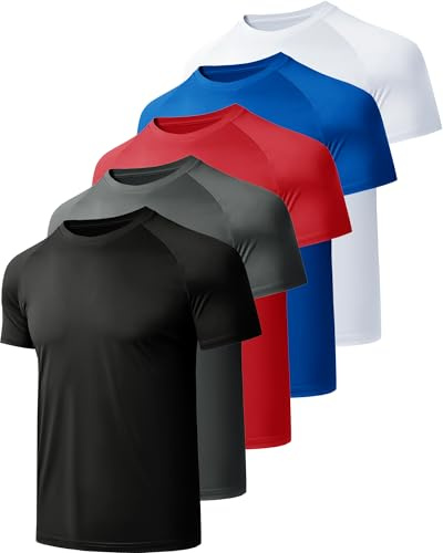 miijoory Mens Gym Shirts Quick Dry Performance Plain Sports Tops Short Sleeve Athletic Moisture Wicking Workout T Shirt 5 Pack (XL, Black, Dark Grey, White, Blue, Red)