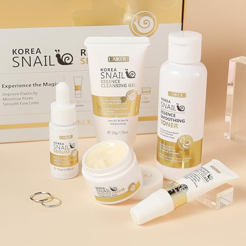 LAIKOU Set Skincare Viso Bava di Lumaca, 5 Pezzi Kit Cura Della Pelle Donna, Skincare Coreana Confezione Regalo, con Snail Essence Crema Detergente Viso Tonico Idratante Siero Crema Occhi
