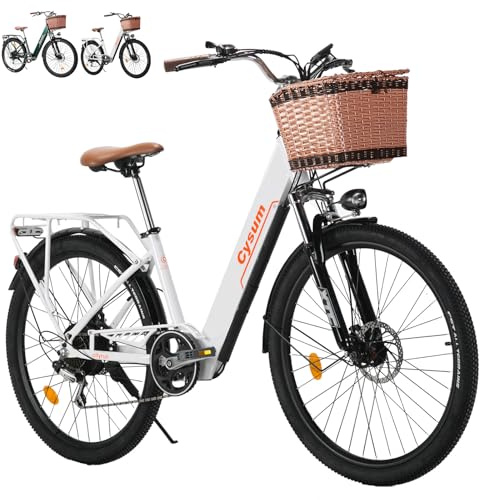 cysum 26 Bicicleta Eléctrica Urbana, 250w Bici Eléctrica Damas, Clásica Ebike Ciudad Adulto, City Electric Bike Batería 36v 10ah Alcance 60-80km, Electric Bicycle 7 Velocidade (Blanco)