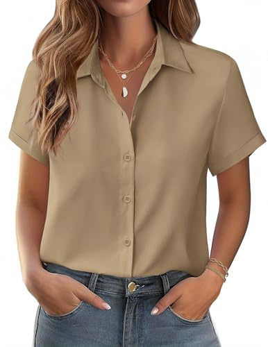 Zeagoo Camicia Donna Estiva Manica Corta Camicetta Scollo a V Blusa Elegante con Bottoni Shirt Casual Cotone Camicie Tinta Unita Tops S-XXL