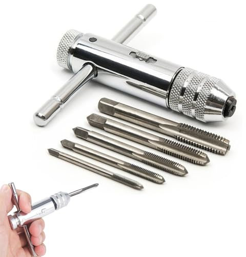 6 Stück Gewindebohrer Set,Gewindeschneider,Windeisen,M3 M4 M5 M6 M8 Hss Gewindefräsen,T-Griff Ratsche Gewindeschneider,Halterschlüssel,Werkzeughalter Mit Umschalt-Ratschenkopf