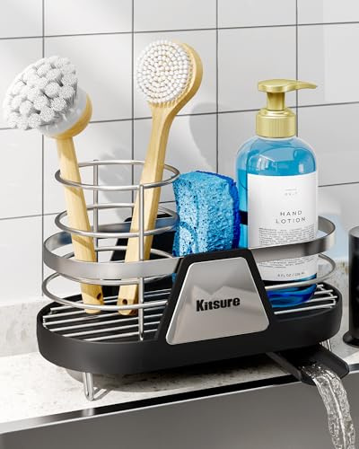 Kitsure spülbecken organizer – platzsparender Küchenspülen-Caddy mit drehbarem Wasserauslass, sink organizer aus Metall mit abnehmbarem Bürstenhalter, 20,0 x 10,0 x 13,5 cm, Schwarz