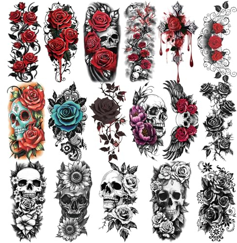 77 ark tillfälliga tatueringar för vuxna och barn, vattentäta falska tatueringar, 17 stora och 60 små svarta tatueringsklistermärken (blommor)