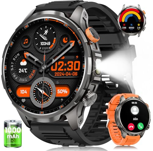 Smart Watches for Men(100 Days Battery/Flashlight), 5 ATM Waterproof Military Smart Watch with Heart Rate/Sleep/SpO2/Calling/110+ Sports Mode, Rugged Men's Fitness Tracker Watch for Android iPhone