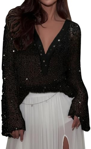 SOFIA'S CHOICE Women Sexy V Neck Sequin Top Long Sleeve See Through Shirts Sparkly Knit Sweater Party Club Black X-Large