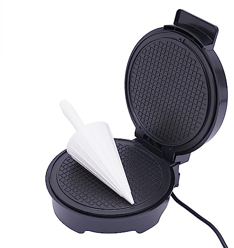 Gaufrier rond 1200 W - Pour cornets de glace et gaufres - Thermostat réglable et moule conique - Revêtement anti-adhésif - Noir