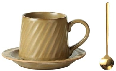 Kaffemugg Retro keramisk kakifärgad mugg eftermiddagste mjölkkaffekopp med fat och sked 300ml Mugg