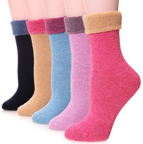EBMORE Womens Merino Wool Socks Thermal Thick Warm Winter Cosy Boot Work Gift Stocking Fillers Women Hiking Walking Ladies Socks 5 Pairs(Turn Cuff Pink)