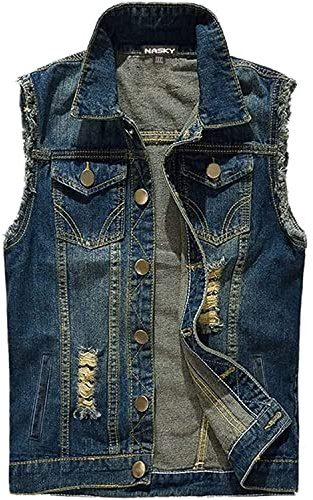 NASKY Men's Fit Retro Ripped Denim Vest Sleeveless Lapel Jean Vest Jacket Waistcoat Top(Medium,Dark blue)