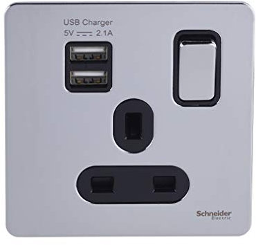Schneider Electric Ultimate Screwless Flat Plate - Switched Single Power Socket With USB Charging Ports, Double Pole, 13A, GGBGU34102USBABPC, Polished Chrome With Black Insert