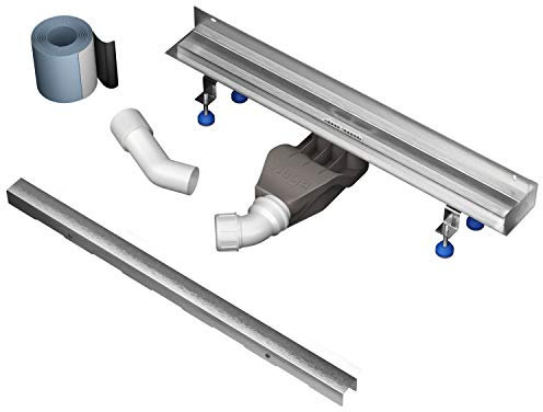 Aquabad Edelstahl Duschrinne mit Wandaufkantung - Slim Wall Pro, Länge 60 cm, Komplett Set inkl. Abdeckung Bord, Siphon und Haarsieb