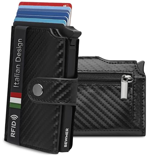 BEWMER v2 Portafoglio Uomo Slim In Similpelle Con Protezione RFID Anticlonazione – Porta Carte Di Credito Uomo E Donna Per 9 Tessere, Con Portamonete – Porta Tessere, Nero Carbon