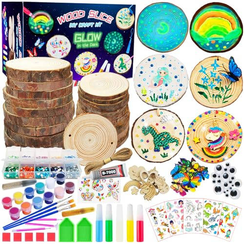 KIRKOTOY Wooden Crafts Kit for Kids-Glow in The Dark-Arts & Crafts Gifts for Boys Girls Age 6-12, 24 Wood Slices with Painting Craft Activities Kits, Creative Art Toys for 6 7 8 9 10 11 12 Year Old
