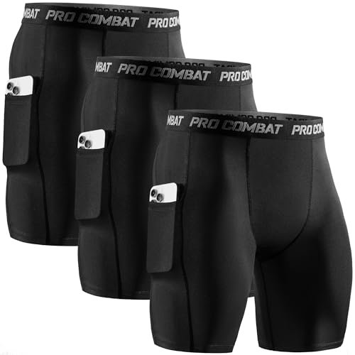 Niksa 3er Pack Herren Kompressionsshorts,Schnelltrocknendes Baselayer Unterhose Tights Kurz hochwertig, Sportshorts mit Handytasche, Schwarz L