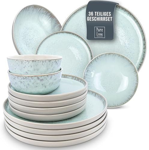 Steingut Geschirrset 12 Personen Ibiza 36 tlg. TESTSIEGER, Traumhaftes Mediterranes Steingut Geschirr Set, Schüssel- und Teller Set, Tafelservice 12 Personen, Geschirrsets Pure Living in Blau-Beige