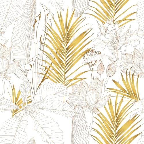 VEELIKE Papel Pintado Hojas Doradas Bohemio Papel Pintado Hojas Palmeras Exóticas Vinilo Decorativo Flores Loto Dorado Vinilos para Pared Estampado Botánico Fotomurale Dormitorio Baño 44,5cmx300cm