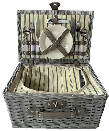HTI living Picknickkorb für 2 Personen Finie Grau Weidenkorb mit Geschirr und Kühlfach