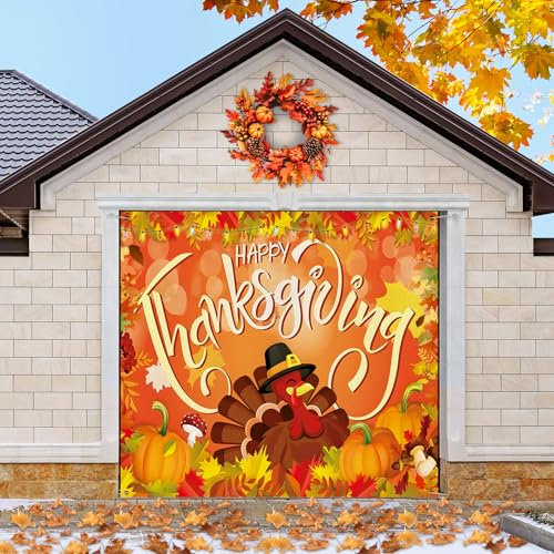 Preboun Bannière de porte de garage avec guirlande lumineuse - Grand motif Happy Fall - Décoration de porte de garage - Citrouilles - Couverture de porte de garage pour fête extérieure, cour (Turquie,
