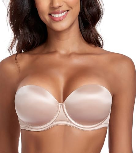 Lemorosy Reggiseno Push Up Senza Spalline Donna con Ferretto Supporto Multiposizione Imbottito (Beige,2B)