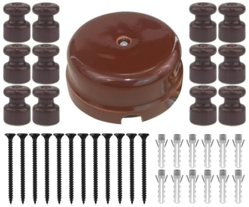 OASHISU Kit [Scatola di distribuzione in porcellana] + [12 isolatori Porcellana] per Impianti a 4 fori per entrata/uscita del cavo. Copri cavi e copri fili in ceramica, Marrone, Ø78mm Prof.35mm