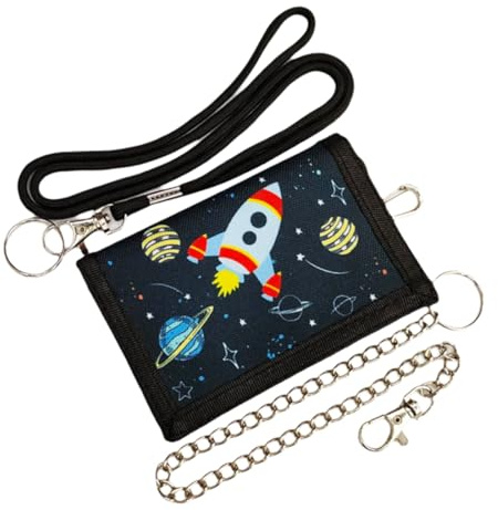 NHQZ 1Pcs Portafoglio Bambino Motivi di Spazio Portafoglio a Tre Ante da Bambini Portafogli per Bambini con Cordino e Catena Metallica Portamonete Pieghevole per Bambini Adolescenti Ragazzi (Nero)