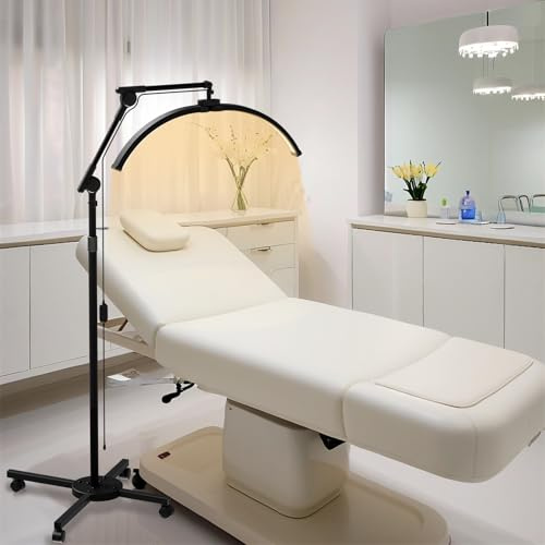 Lámpara de Pie LED para Pestañas, 70CM 40W Plegable Lampara Media Luna Manicura Soporte Teléfono, Base Rodante, Cabezal Giratorio 360°, Brillo y Altura Regulable para Pestañas, Tatuajes (Negro)