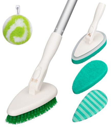Qaestfy 4-in-1 Tub and Tile Shower Scrubber, 51'' Bathtub Cleaning Brush with Long Handle, Soft & Stiff Bristles Bathroom Scrub Brush, Non-Scratch Shower Cleaner Brush for Cleaning