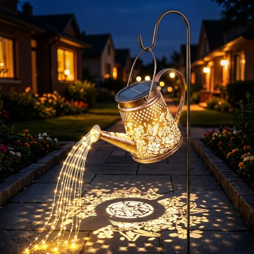 OUSFOT Lampe Solaire Jardin Exterieur Arrosoir Comprenant 6 Guirlande Lumineuse Cascade avec 90 LED, Motifs Colibris et Floraux, Lanterne Lumiere Solaire IP44 Étanche, Decoration Cour Halloween Noël